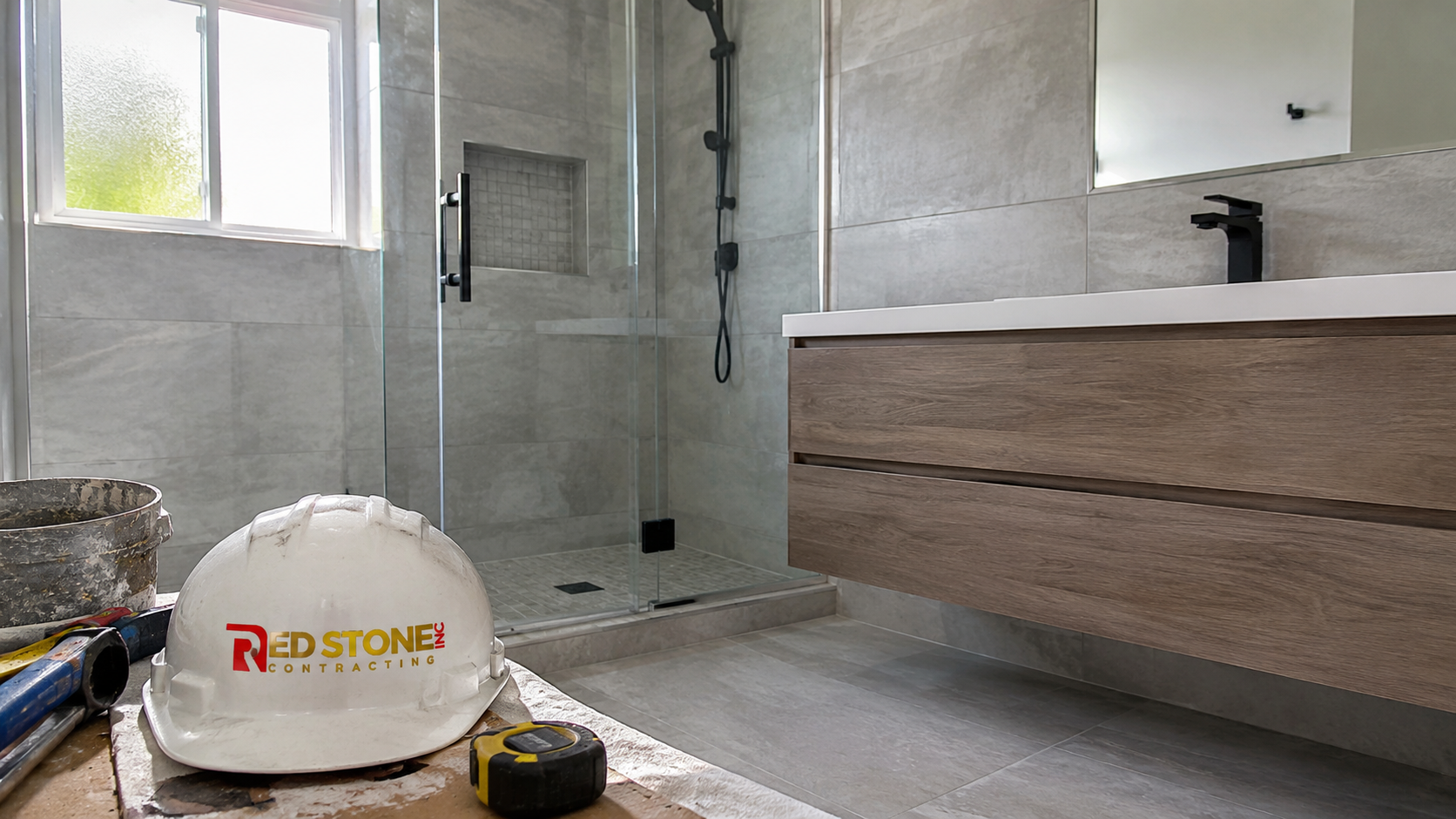 Finished bathroom renovation Whitby homeowners planned, with tiled shower and floating vanity in summer light