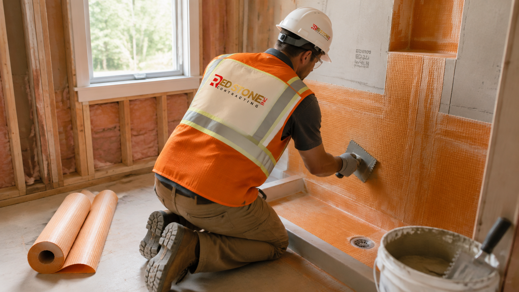 Tradesperson installing waterproofing membrane during a bathroom renovation Whitby project in a suburban home