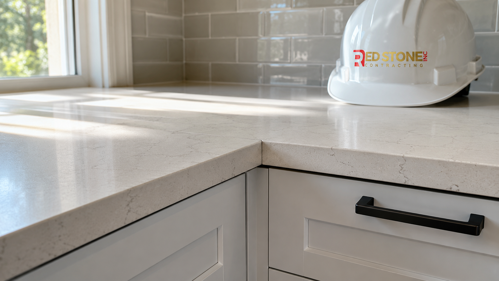 Close up detail of quartz countertop edge and cabinet hardware from a kitchen renovation in Whitby Ontario