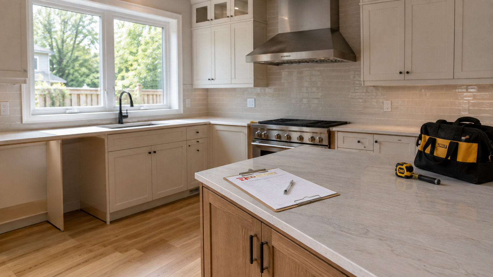 Renovated open concept kitchen in a Whitby home showing quartz island and custom cabinetry after a kitchen renovation