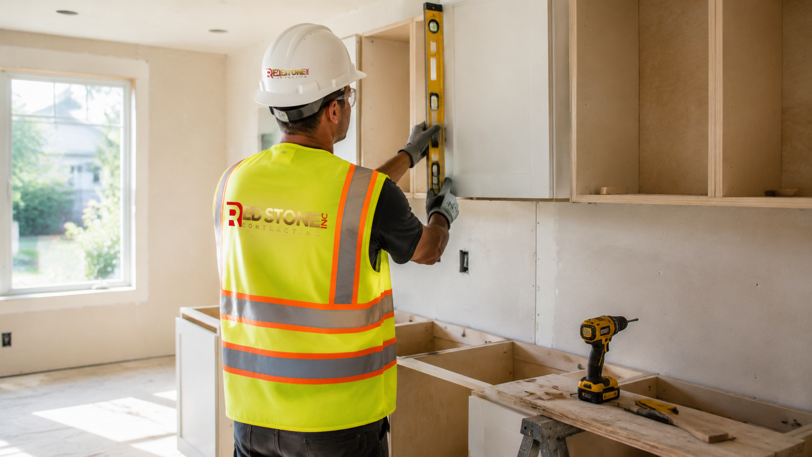 Tradesperson in safety gear installing upper cabinets during a kitchen renovation in a Whitby home