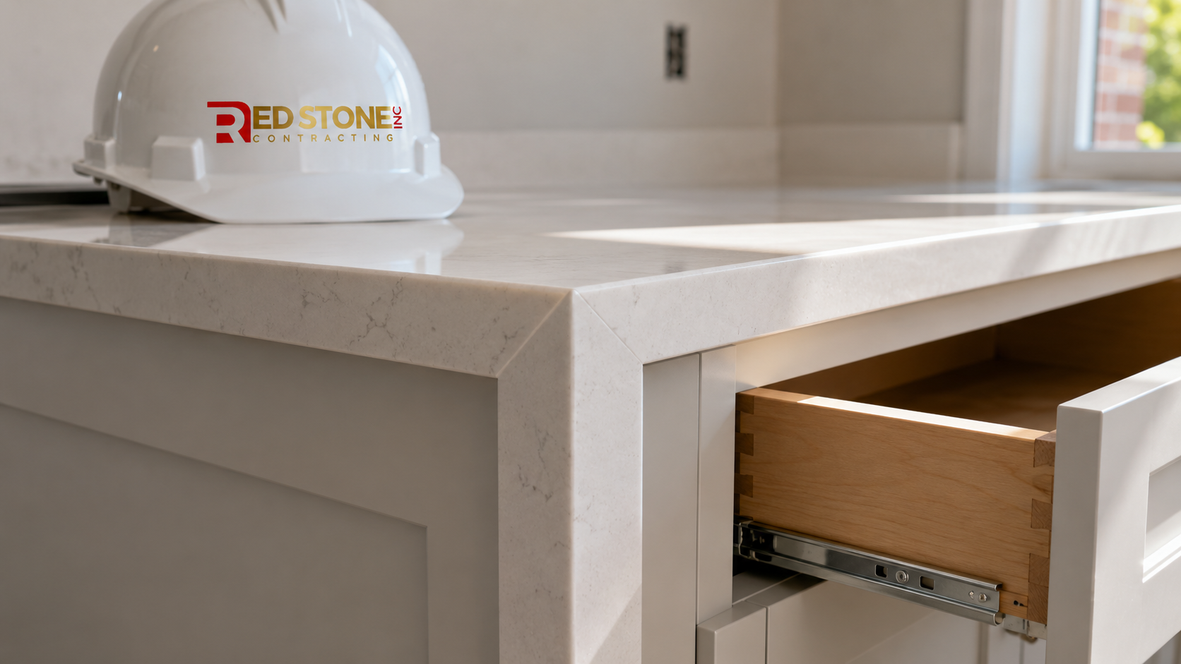 Close detail of custom cabinetry and quartz counter finished during a home renovation Oshawa kitchen project