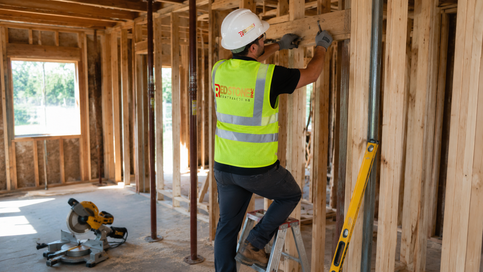 Renovation carpenter framing an interior opening during a home renovation Oshawa project in summer