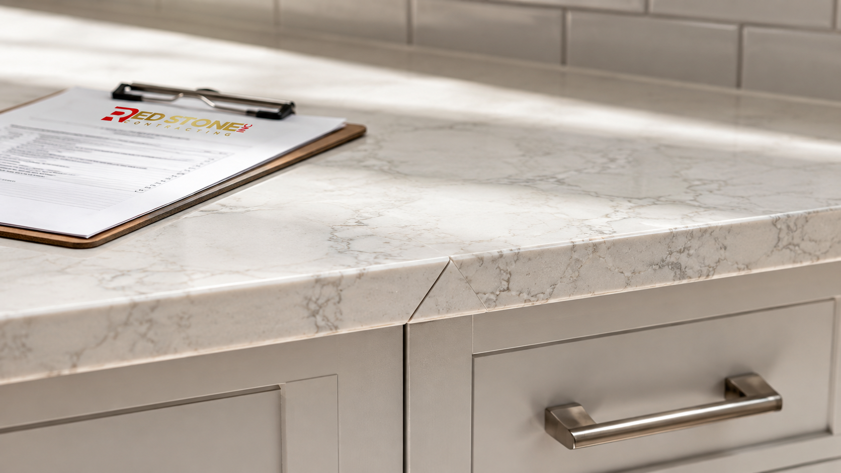 Close detail of quartz countertop edge and cabinet hardware from a kitchen renovation in Pickering