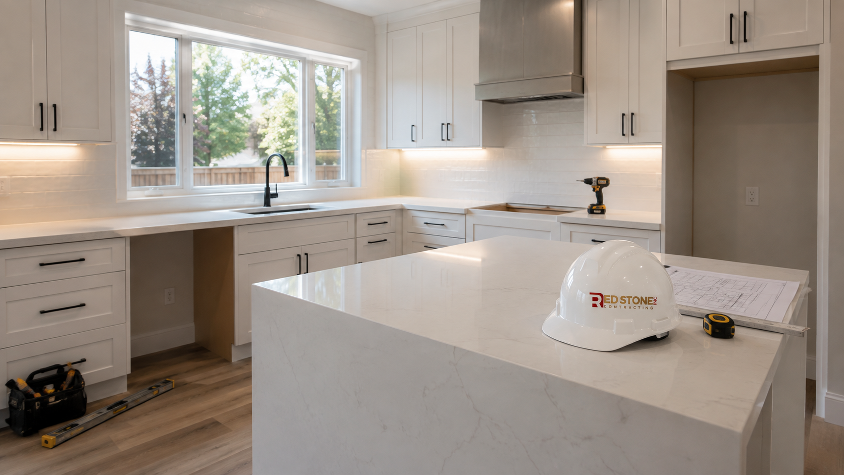 Renovated open concept kitchen renovation in Pickering with island, quartz counters and bright summer daylight
