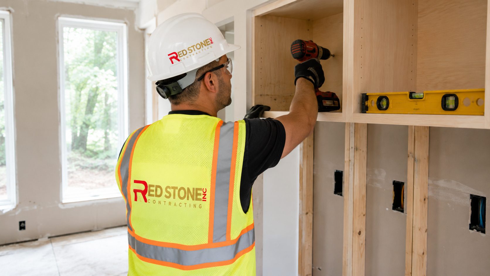 Tradesperson in safety gear installing upper cabinets during a kitchen renovation in Pickering home