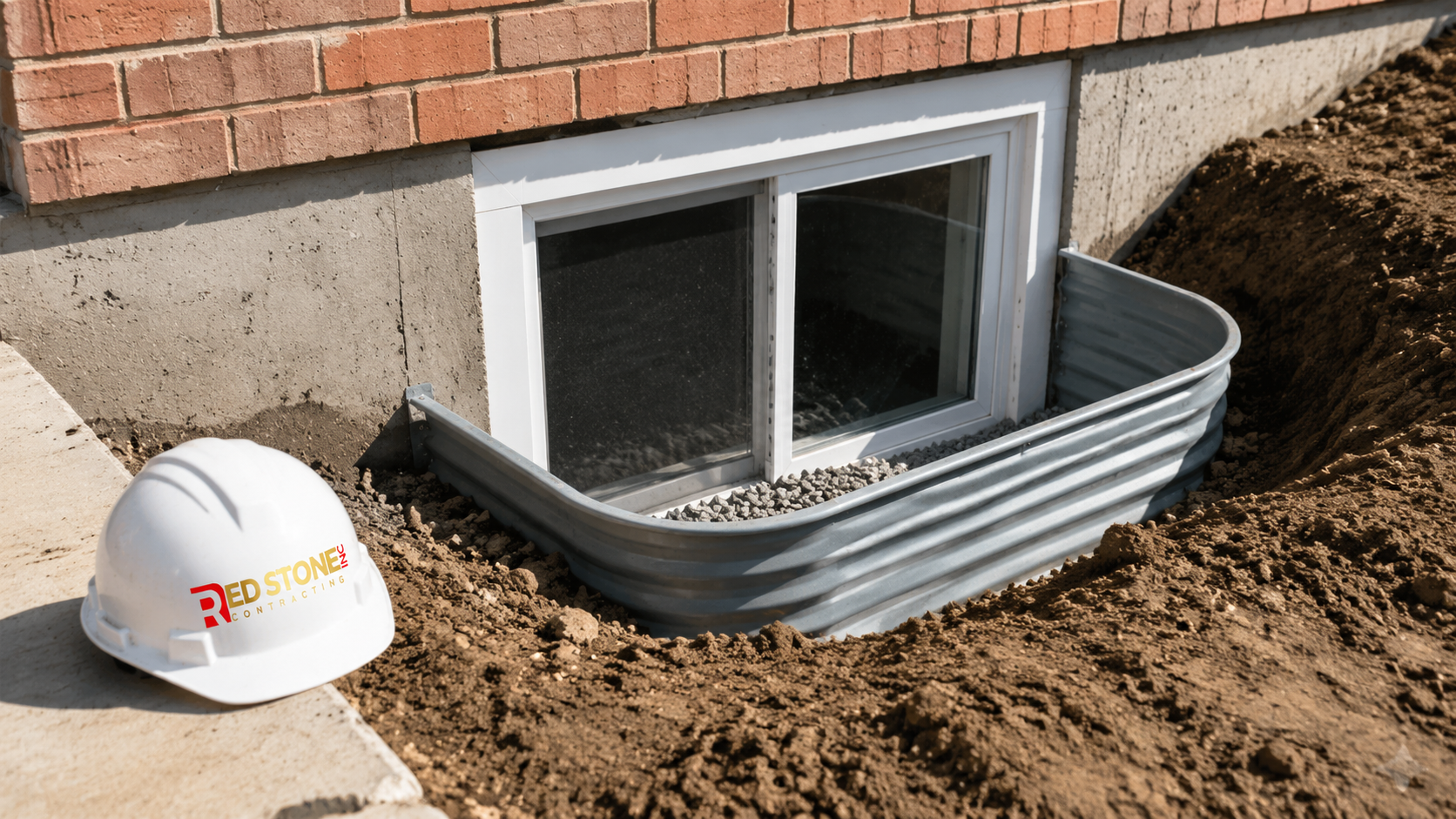 Detail of egress window well and finished wall assembly from a basement renovation Oshawa project