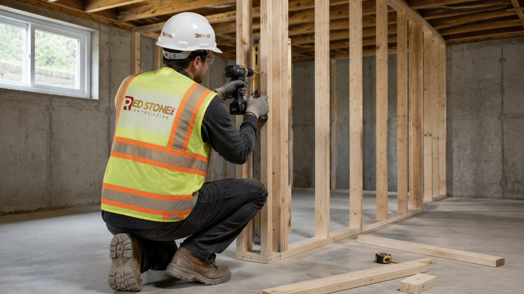 Tradesperson framing an interior wall during a basement renovation Oshawa project in a suburban home
