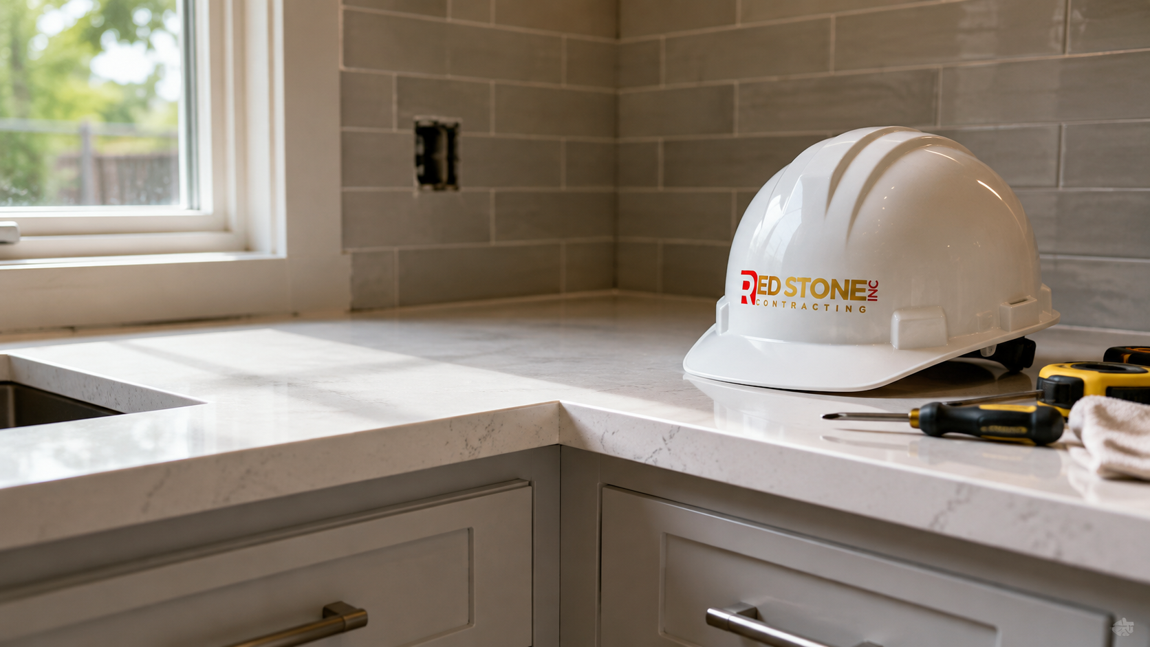 Finished quartz counter and shaker cabinetry detail from a completed home renovation Durham Region kitchen
