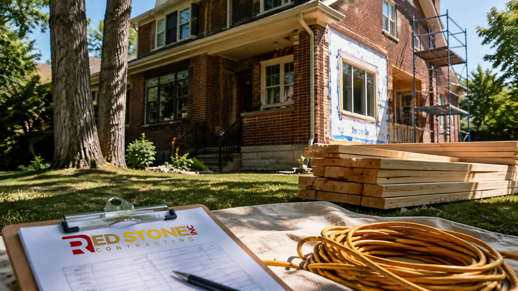 Two-storey brick home mid home renovation Durham Region project with scaffolding on a summer morning