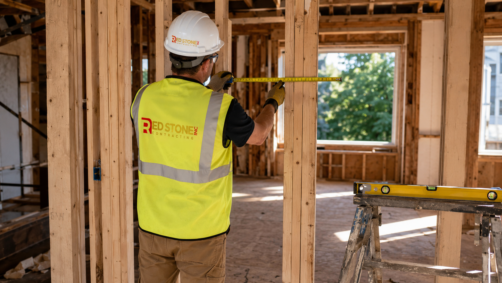 Tradesperson in full safety gear measuring framing during a home renovation Durham Region interior project