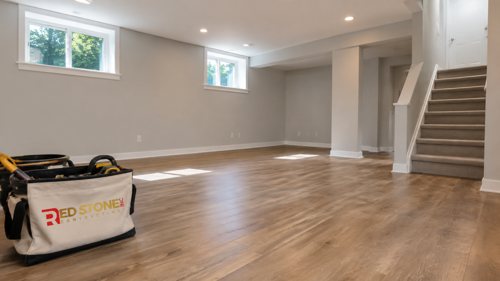 Finished open basement renovation Pickering homeowners use as a bright family living area