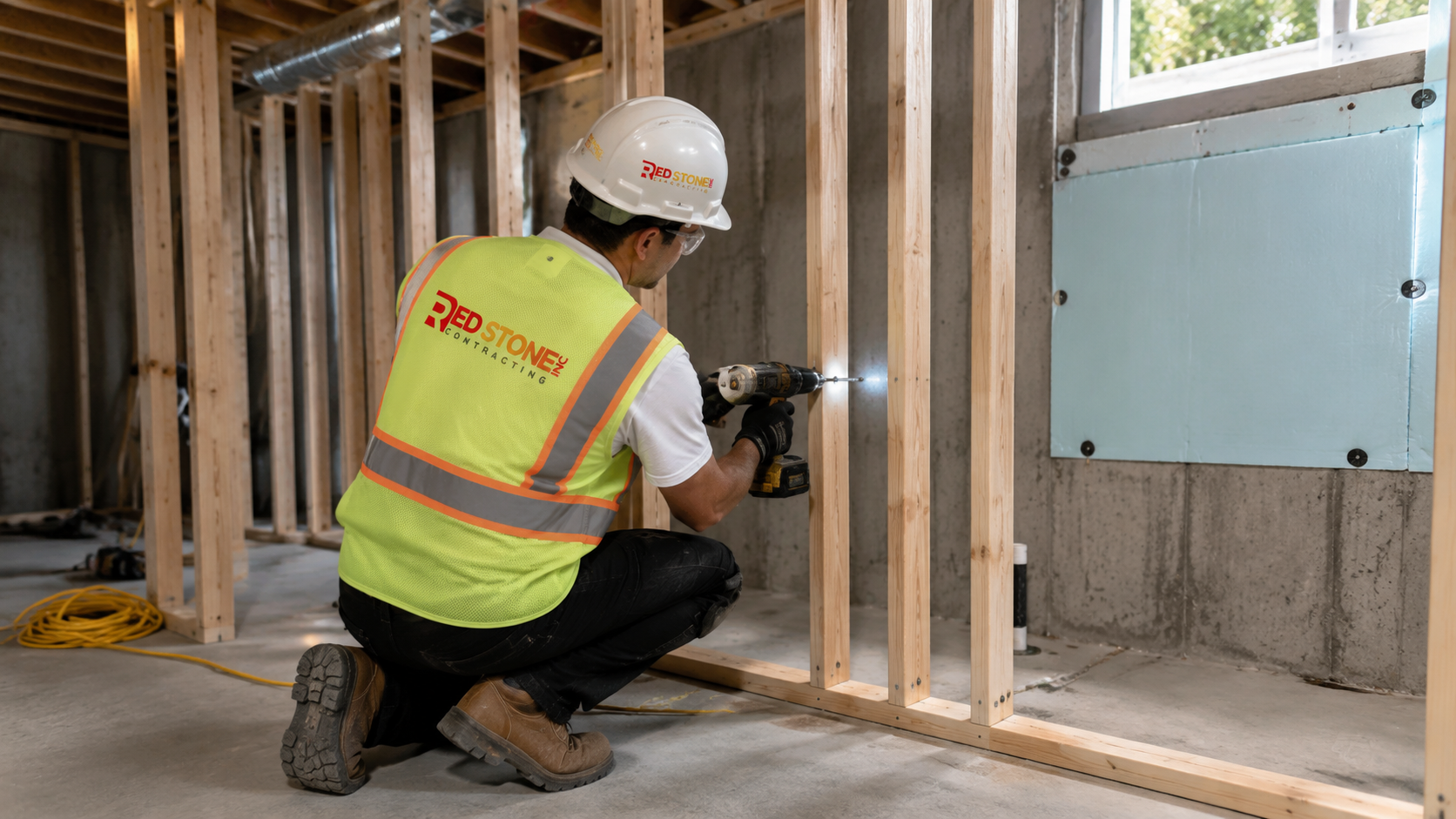 Tradesperson framing an interior wall during a basement renovation Pickering project in a suburban home