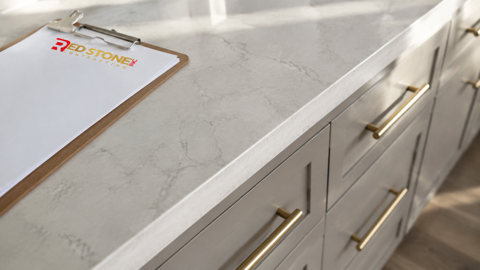Close up detail of quartz countertop and cabinet hardware from a kitchen renovation in Oshawa