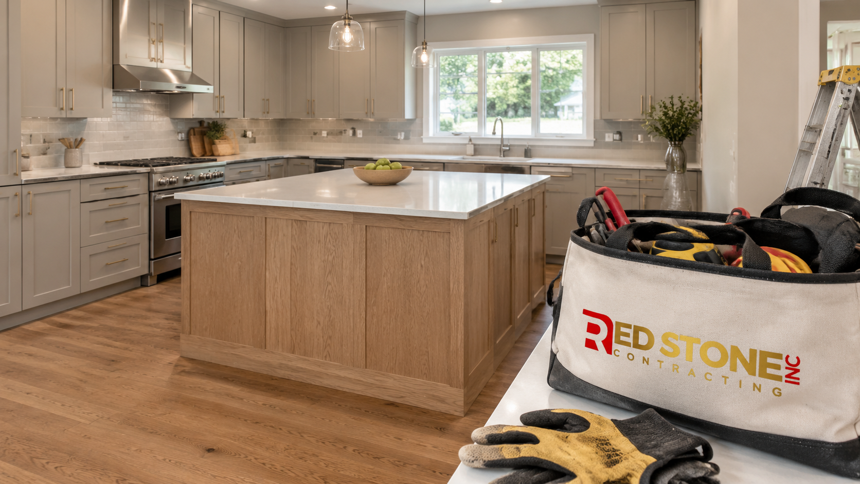 Renovated open concept kitchen after a kitchen renovation in Oshawa with island and quartz counters