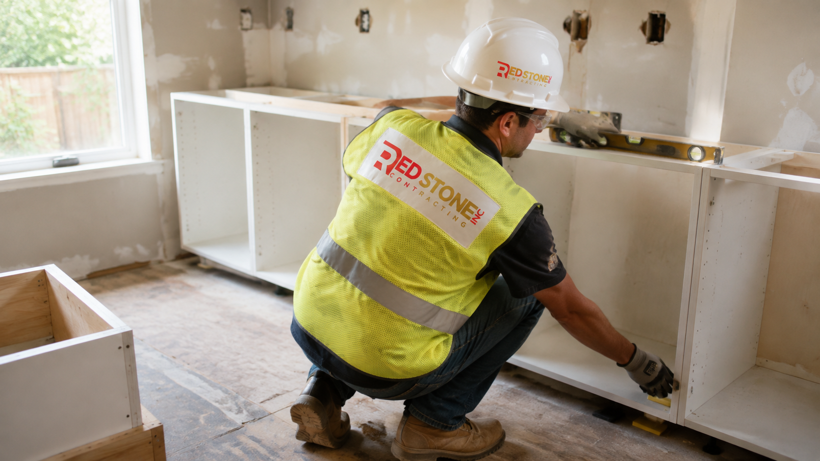 Tradesperson installing base cabinets during a kitchen renovation in Oshawa suburban home