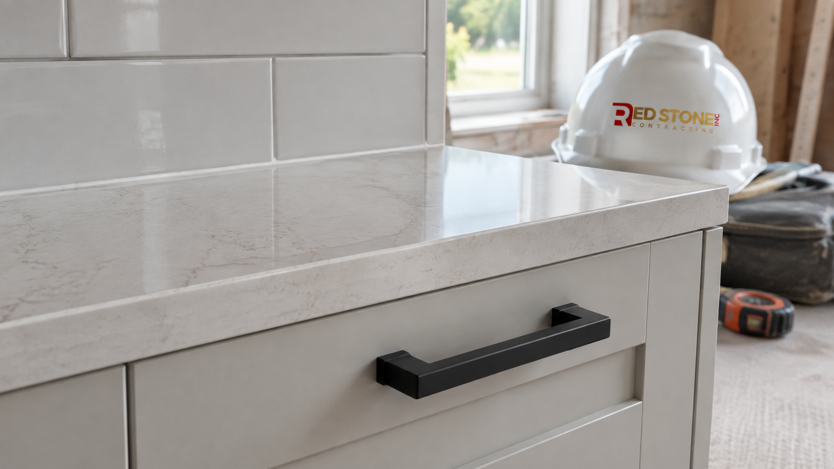 Close detail of quartz countertop edge and cabinet hardware from a kitchen renovation in Ajax
