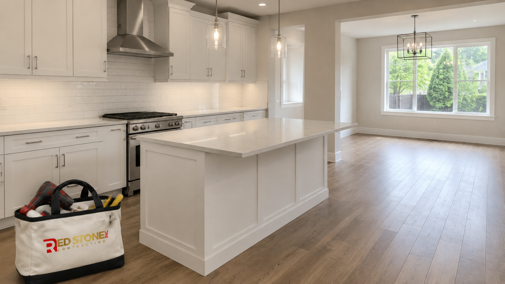 Bright renovated kitchen with island and quartz counters after a kitchen renovation in Ajax