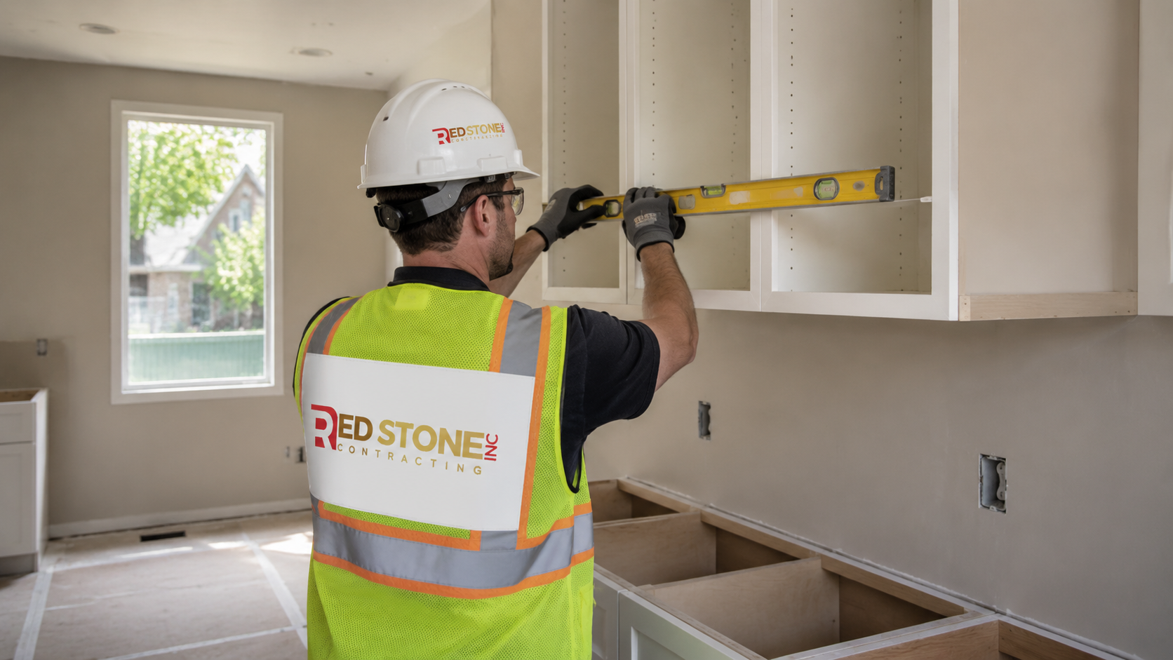 Tradesperson installing cabinetry during a kitchen renovation in Ajax on a summer afternoon