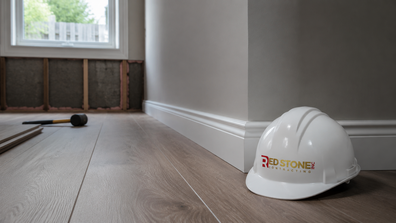 Close-up of vinyl plank flooring and trim detail from a completed basement renovation in Whitby