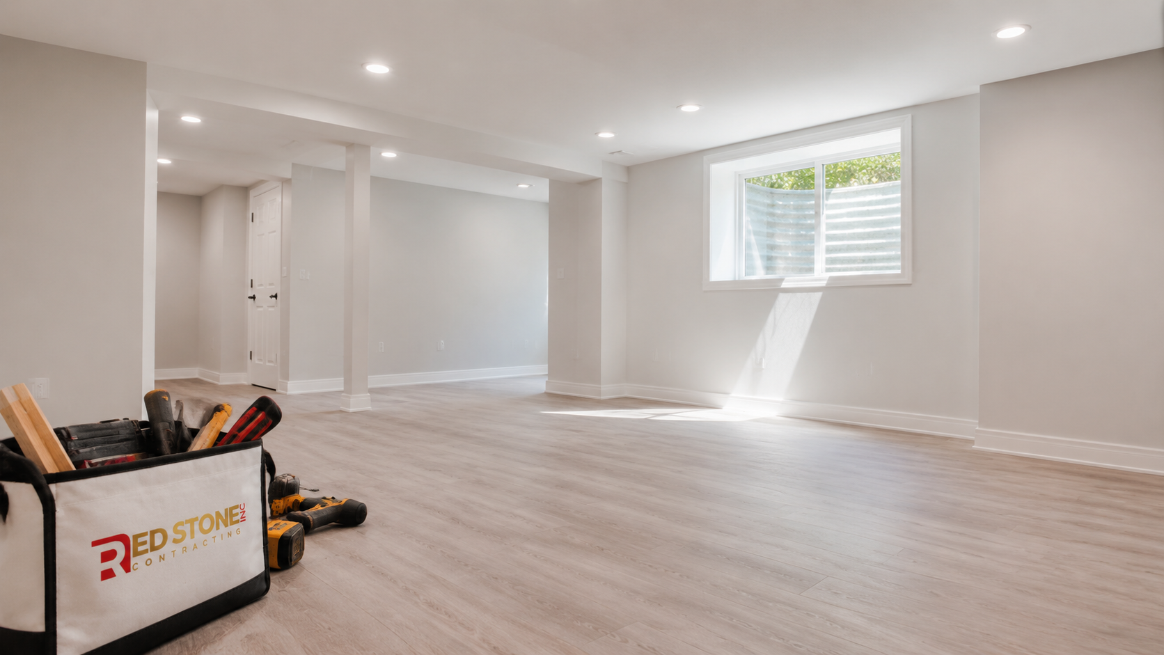 Finished lower level after a basement renovation in Whitby with bright daylight through an enlarged window well