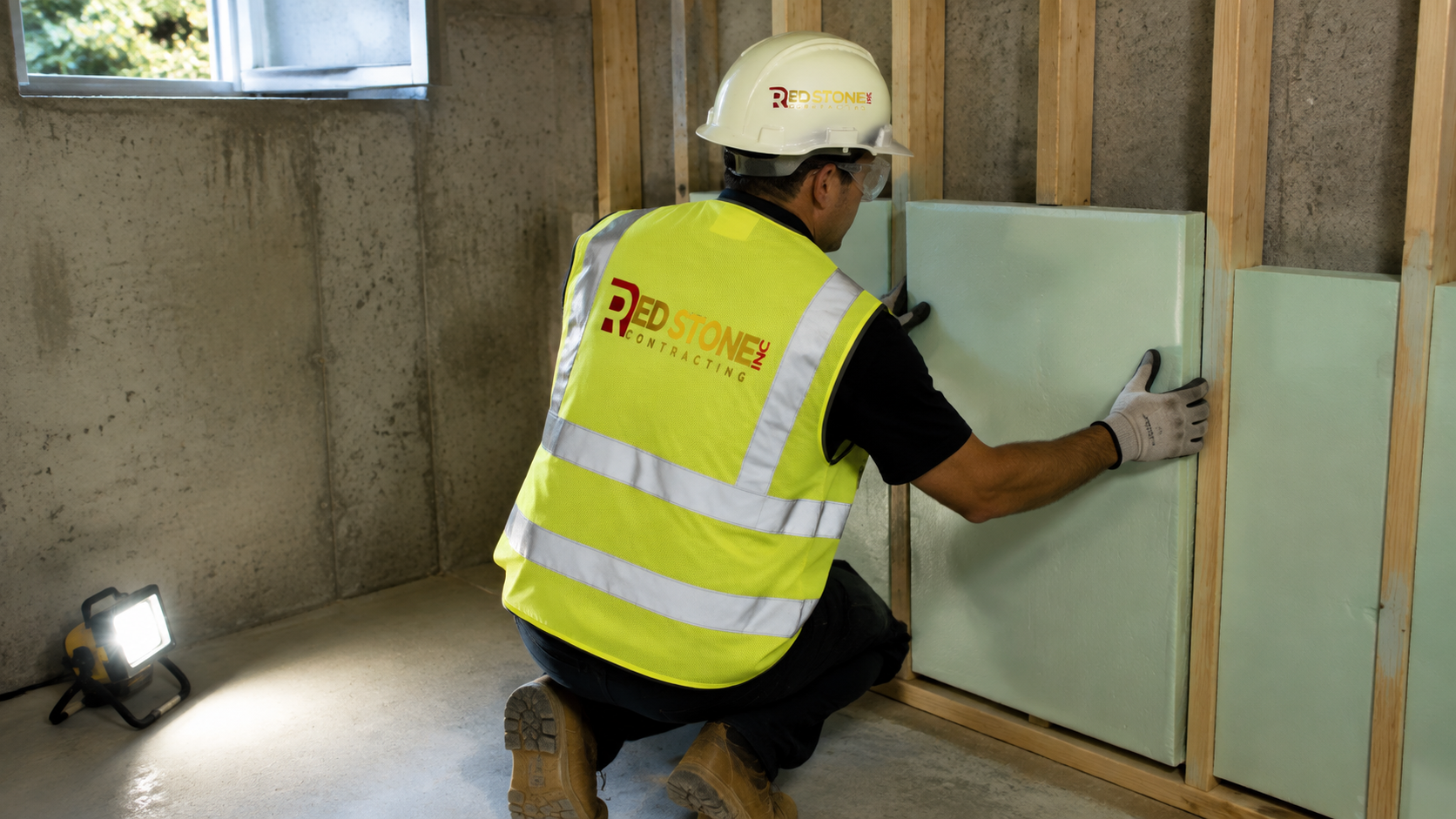 Tradesperson framing and insulating a lower level during a basement renovation in Whitby