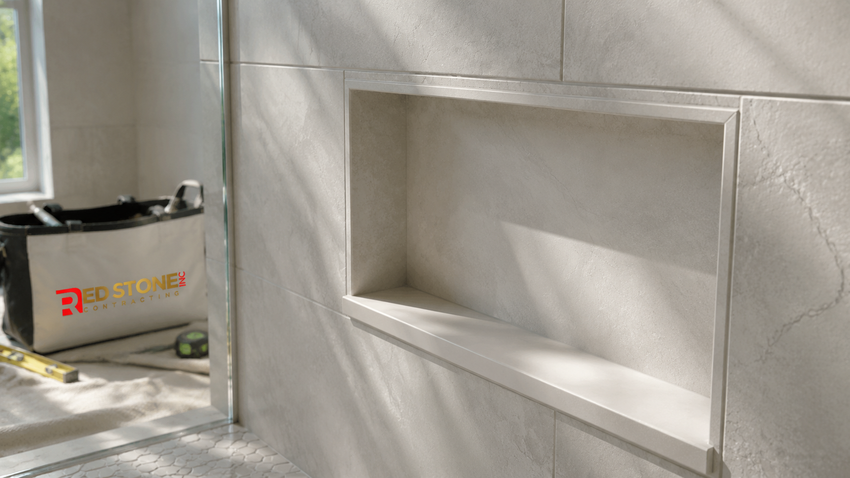 Close detail of tiled shower niche and frameless glass from a bathroom renovation Oshawa project