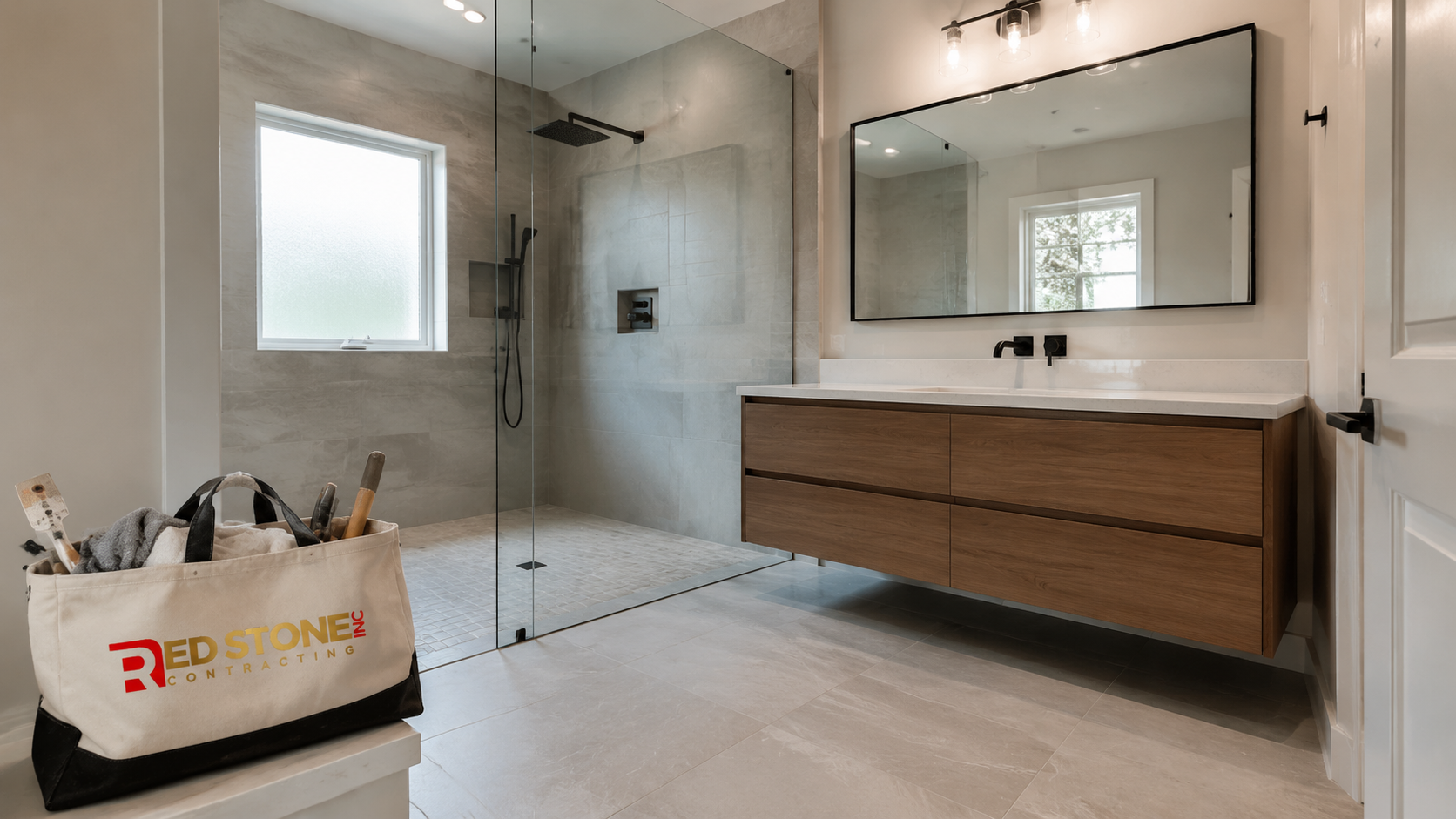 Finished bathroom renovation Oshawa homeowners choose with tiled walk-in shower and floating vanity