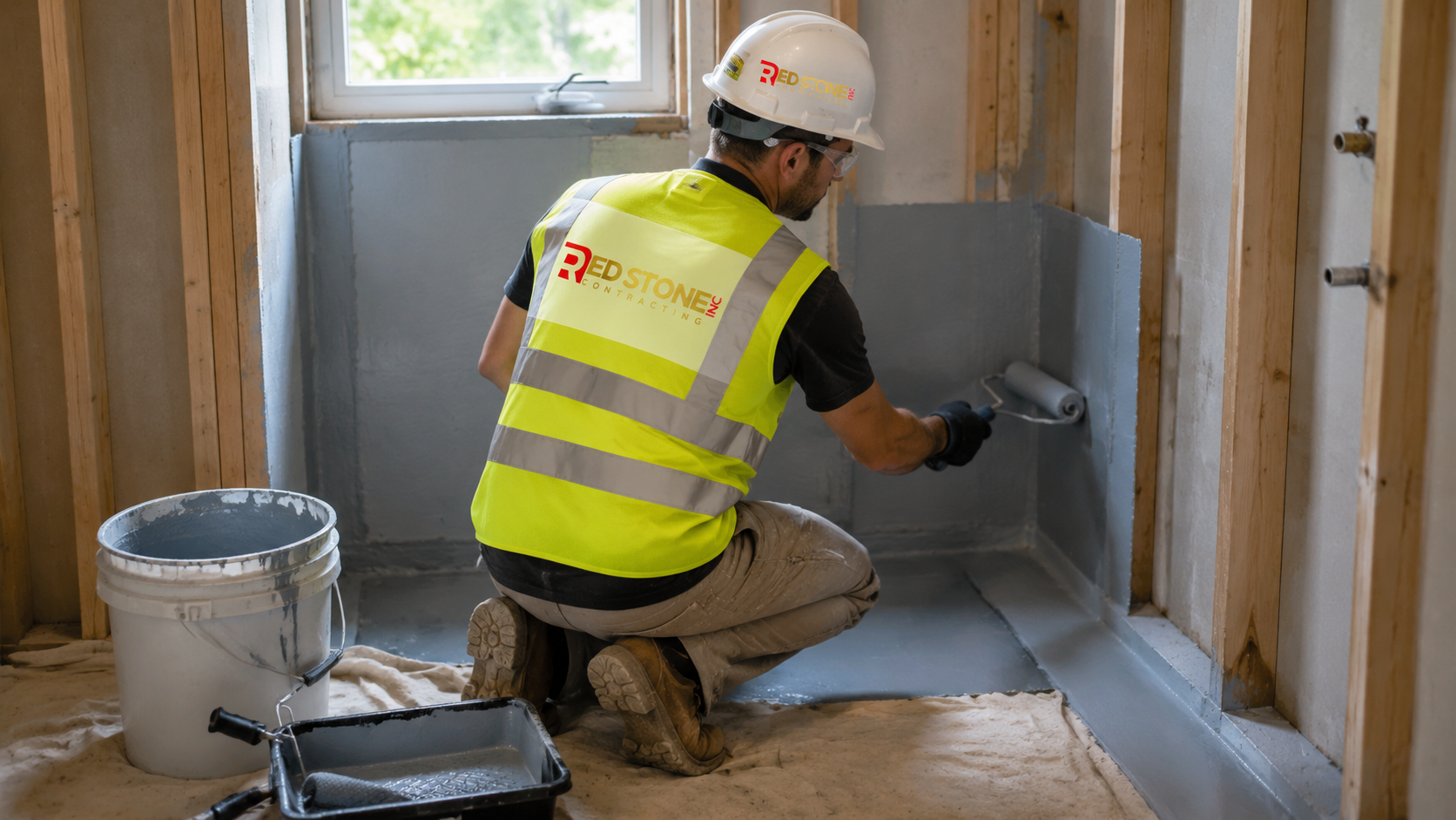 Tradesperson installing waterproofing membrane during a bathroom renovation Oshawa homeowners commissioned