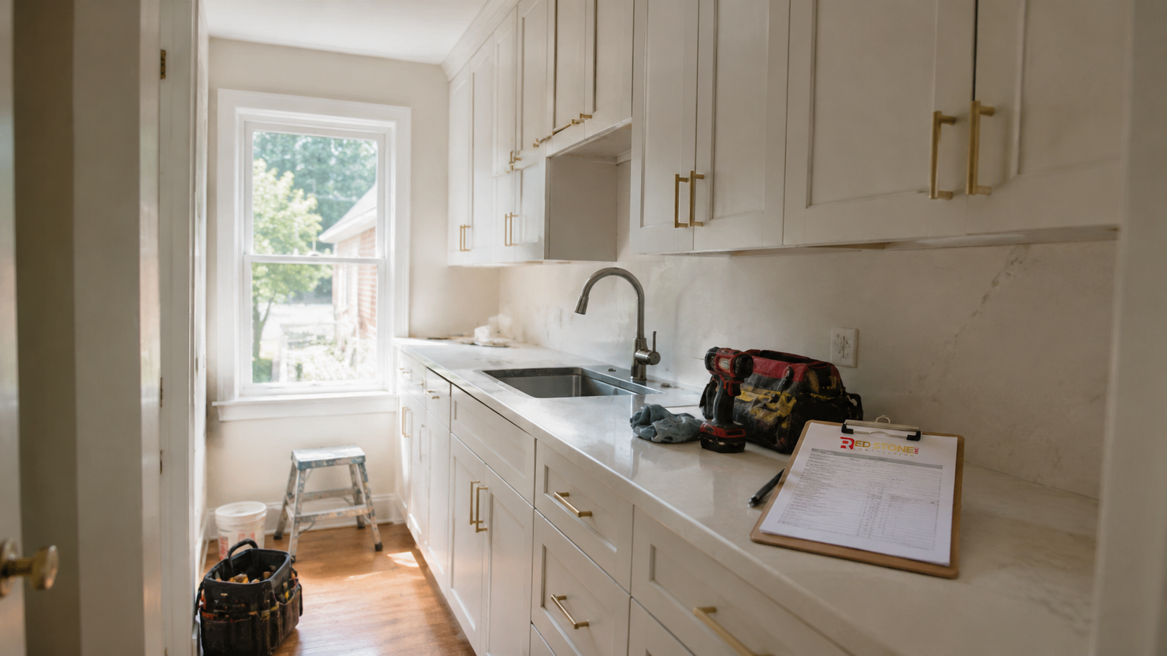 Renovated galley kitchen in an older East York home showing the result of a kitchen renovation East York project