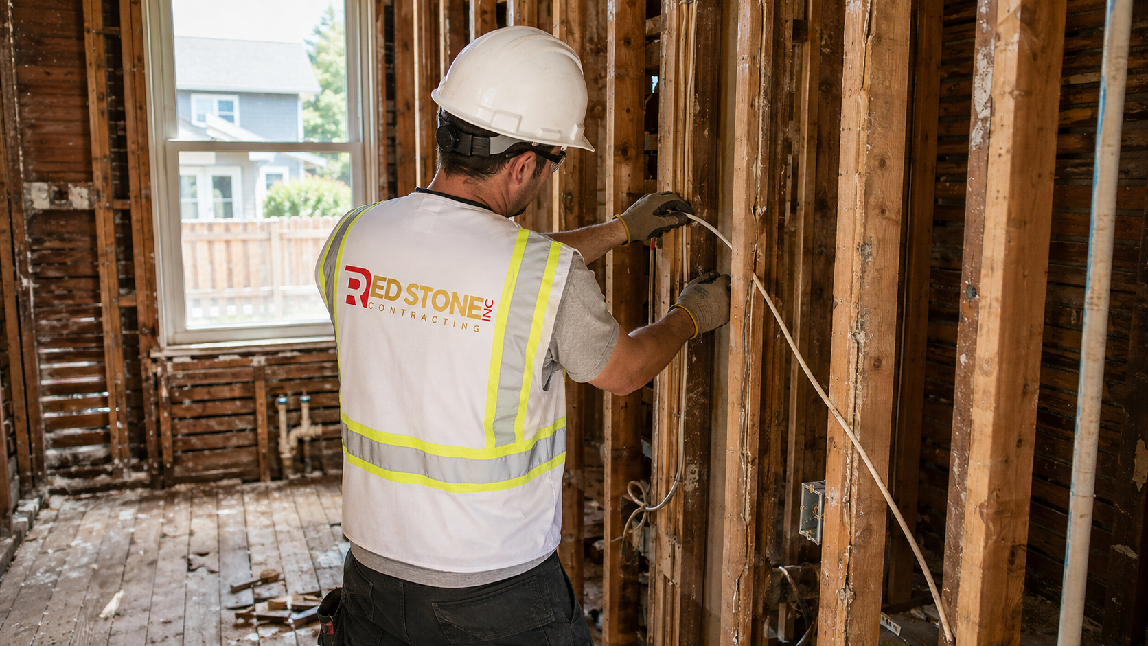 Tradesperson in safety gear running new wiring during a kitchen renovation East York project