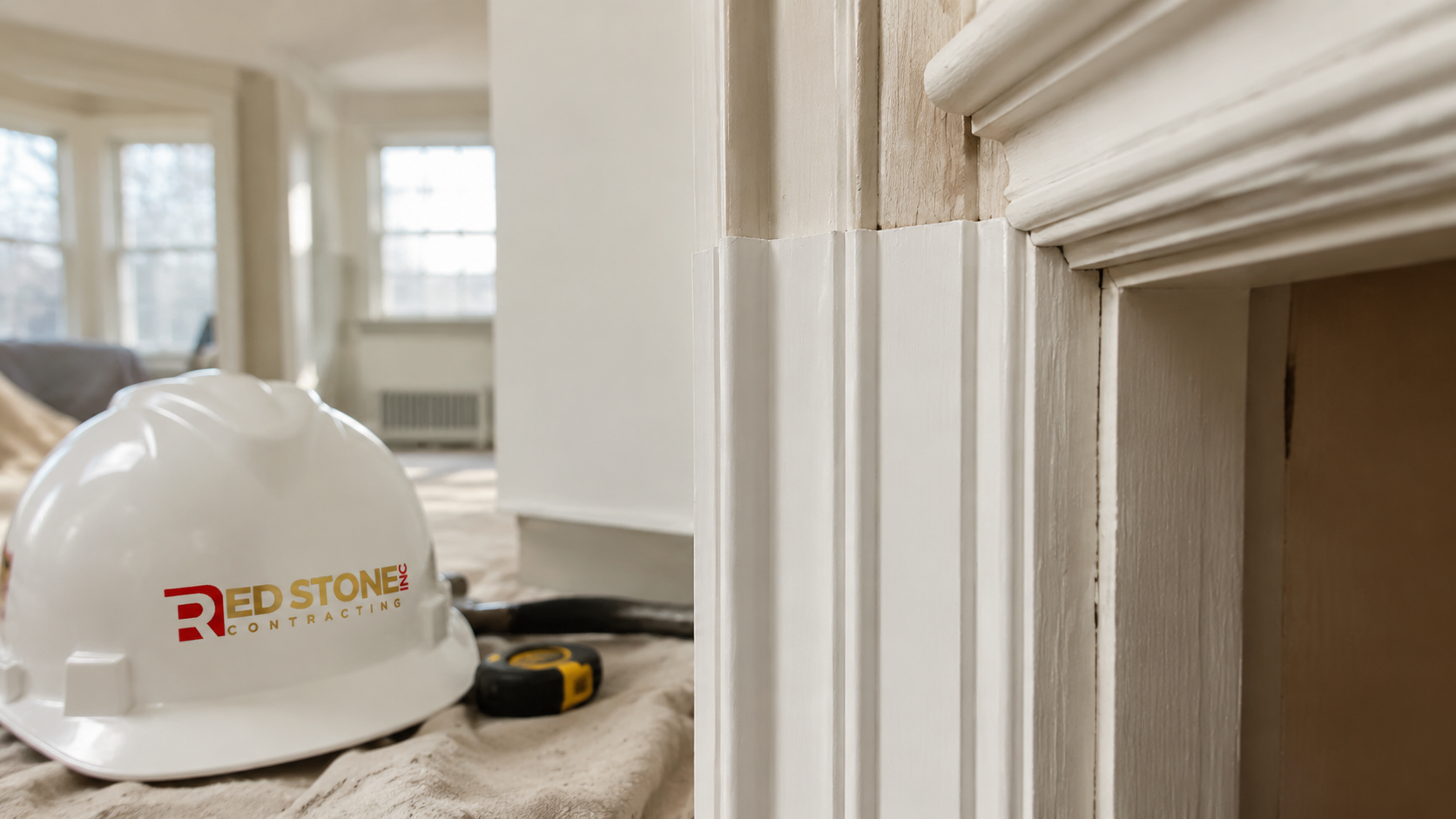 Detail of restored original trim beside new work in a completed home renovation East York home