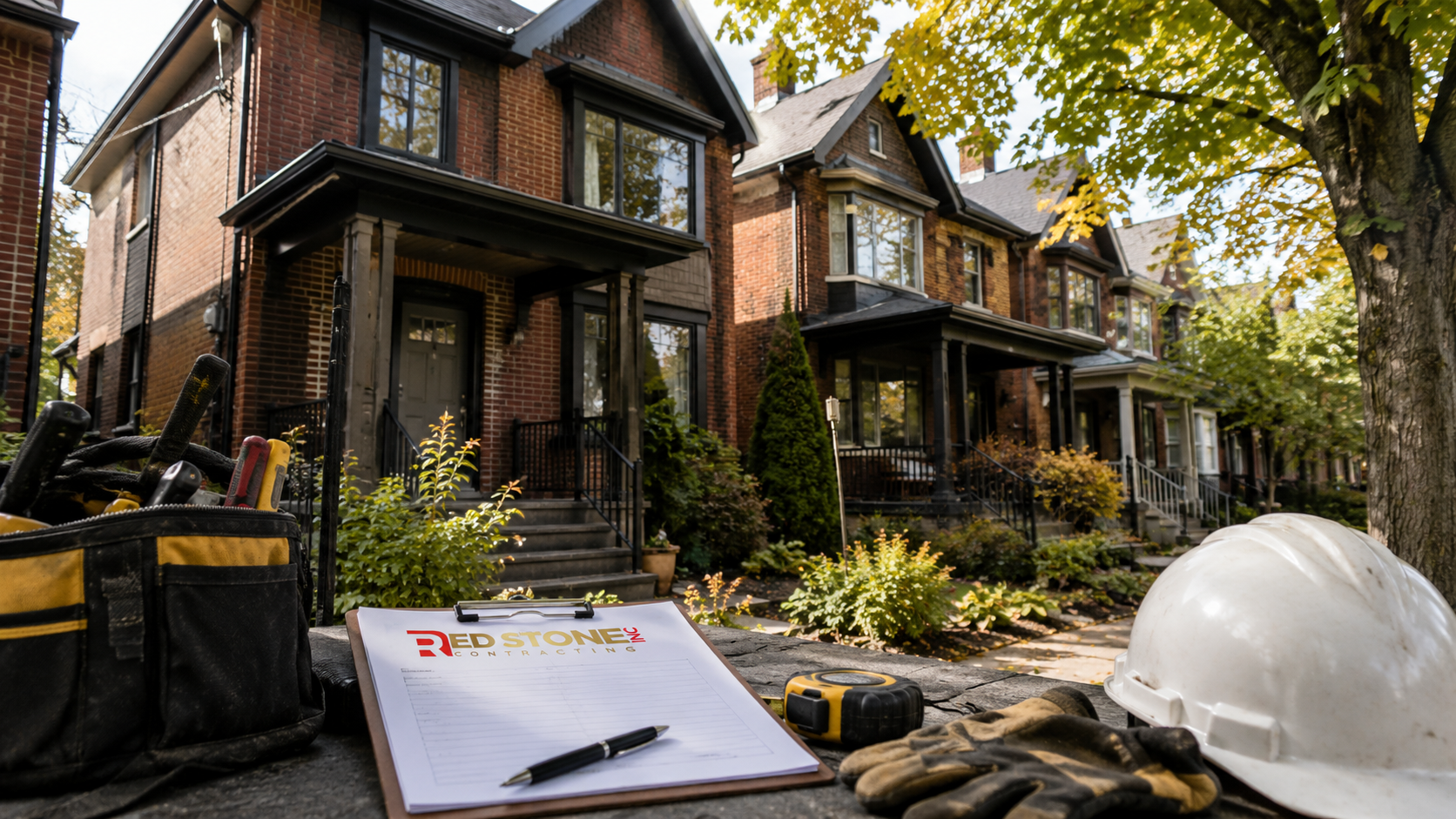 Brick semi detached homes on a mature East York street illustrating a typical home renovation East York setting