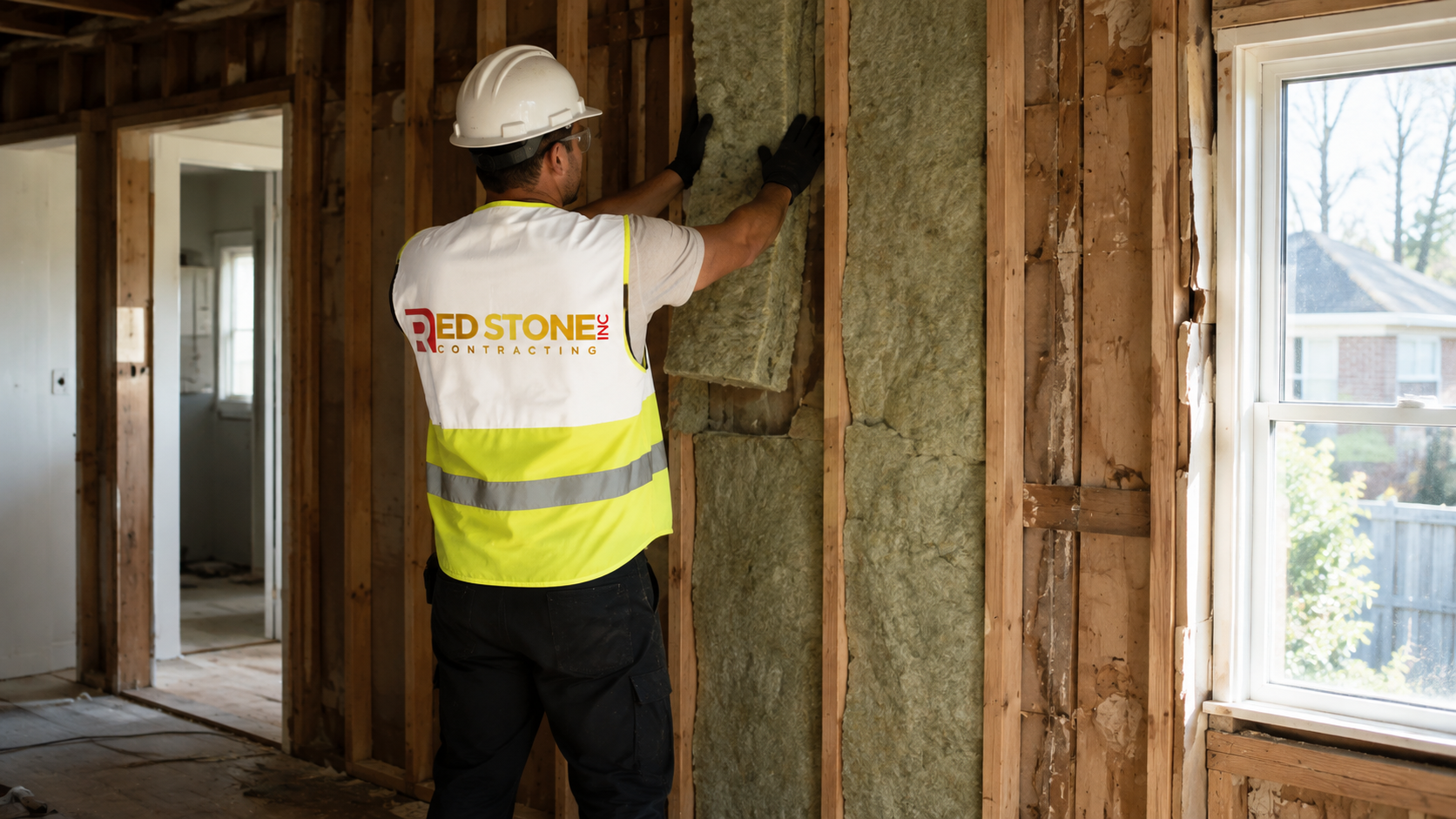 Tradesperson in safety gear installing insulation during a home renovation East York project