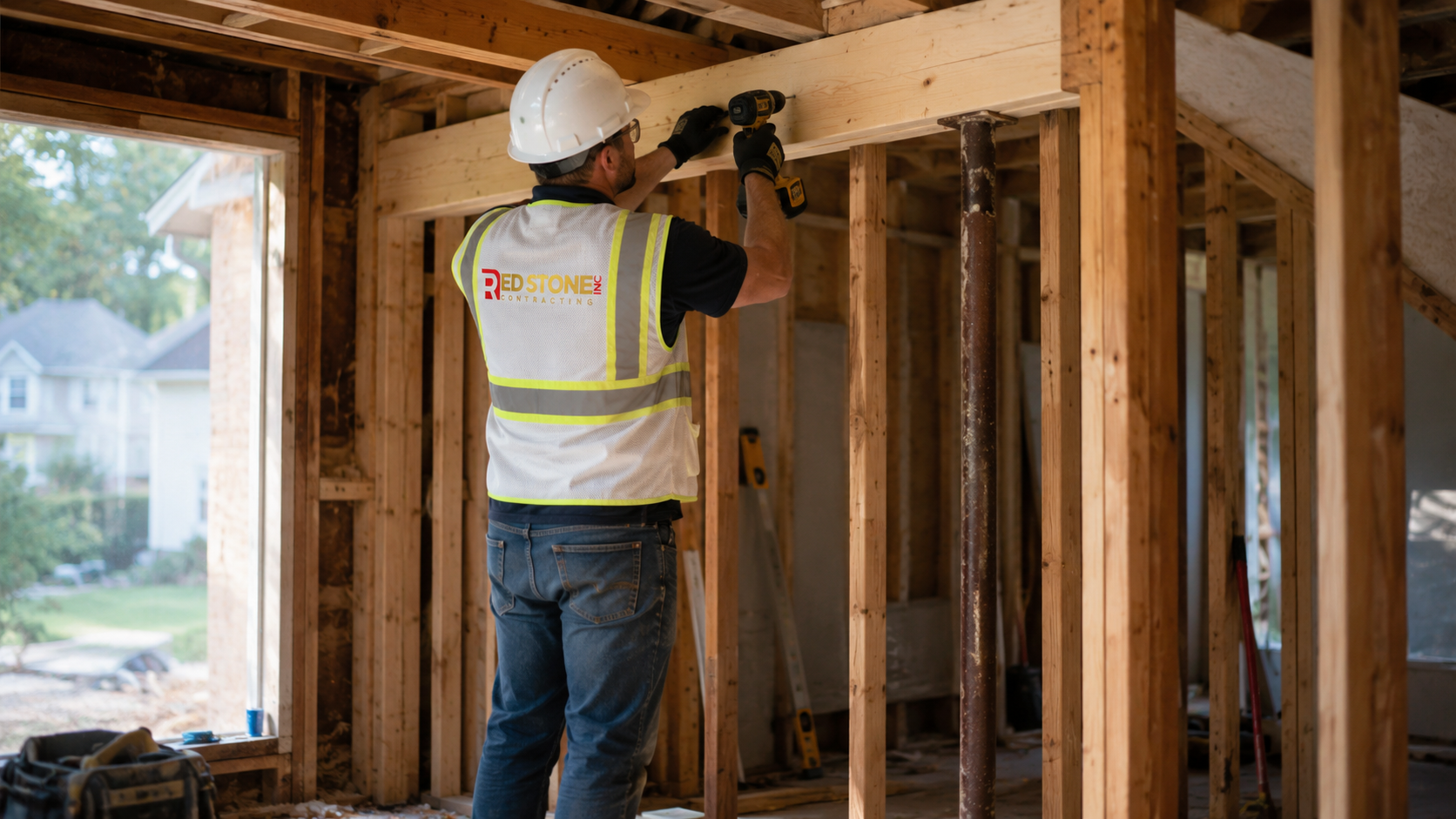 Renovation tradesperson in full safety gear working on interior framing during a home renovation Toronto boroughs project