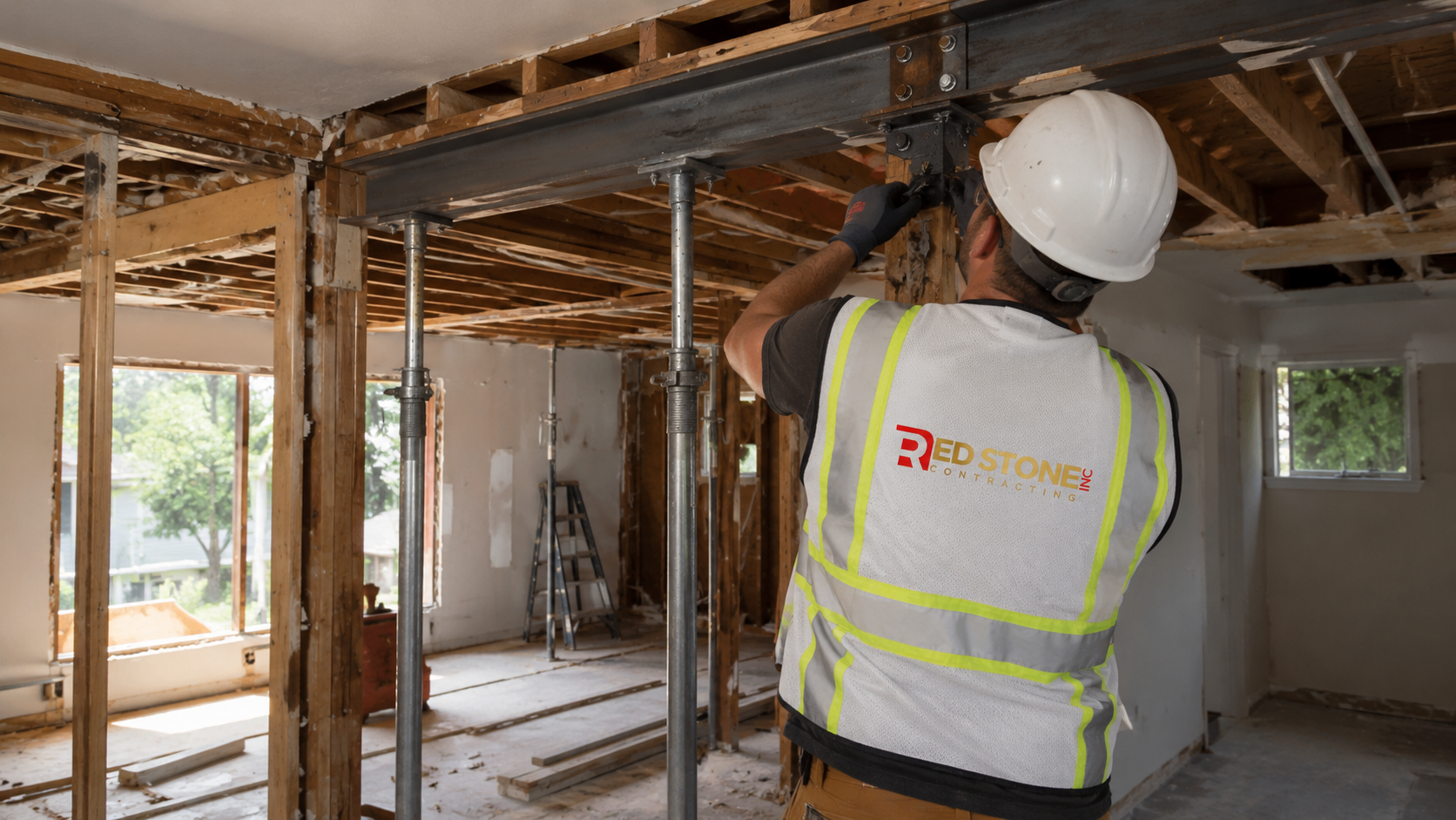 Tradesperson in safety gear installing a support beam during a home renovation Etobicoke interior project