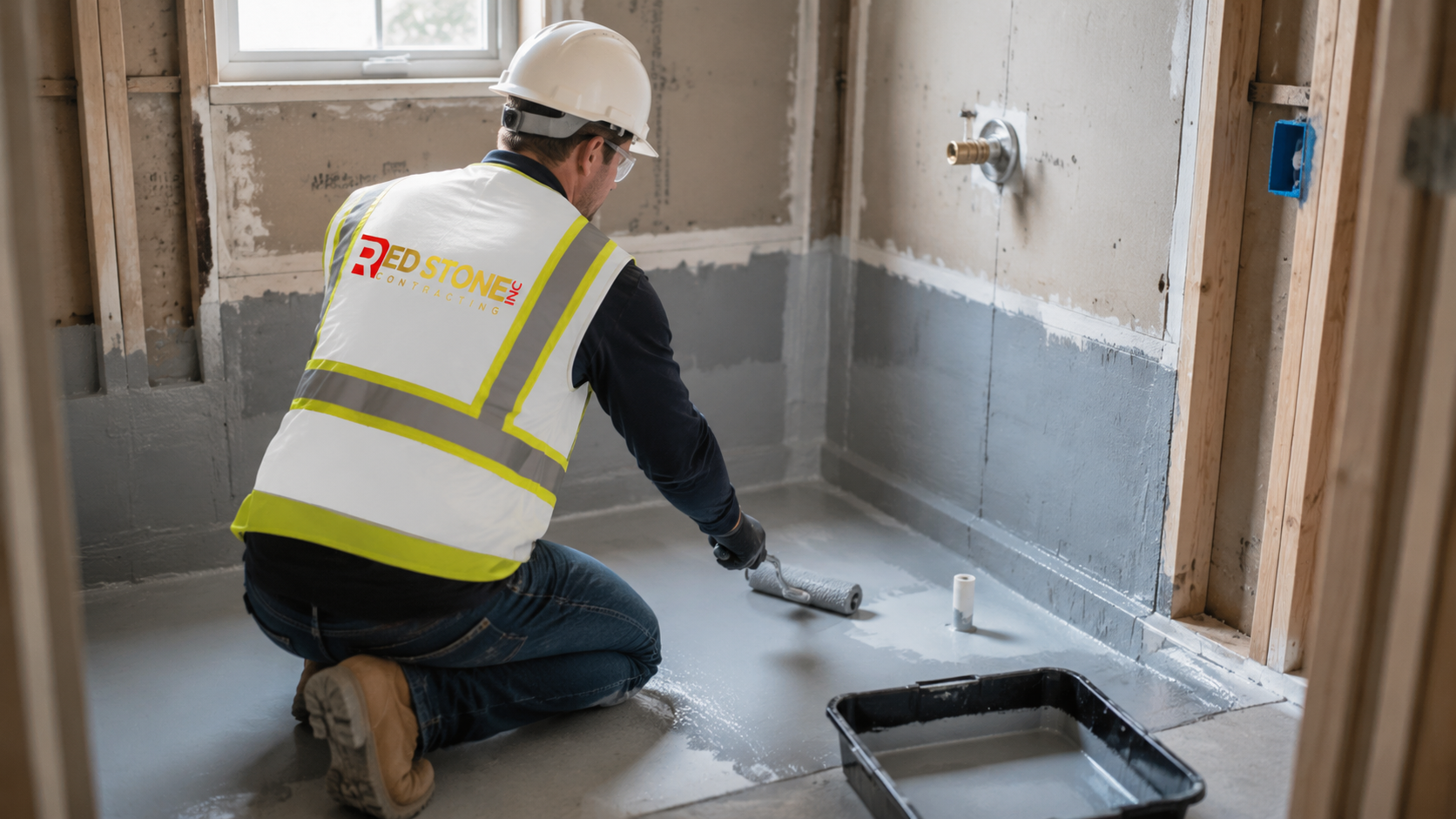 Tradesperson in safety gear applying waterproofing membrane during a bathroom renovation Etobicoke project