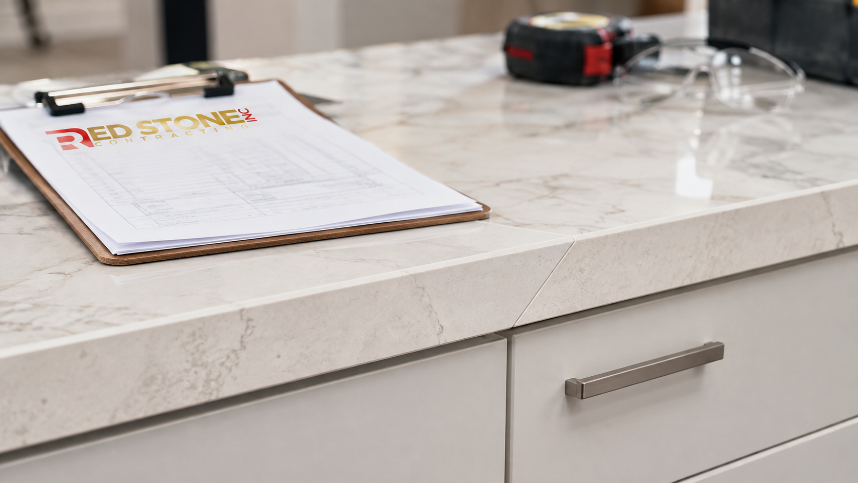 Close detail of quartz countertop edge and cabinet hardware from a kitchen renovation Etobicoke project