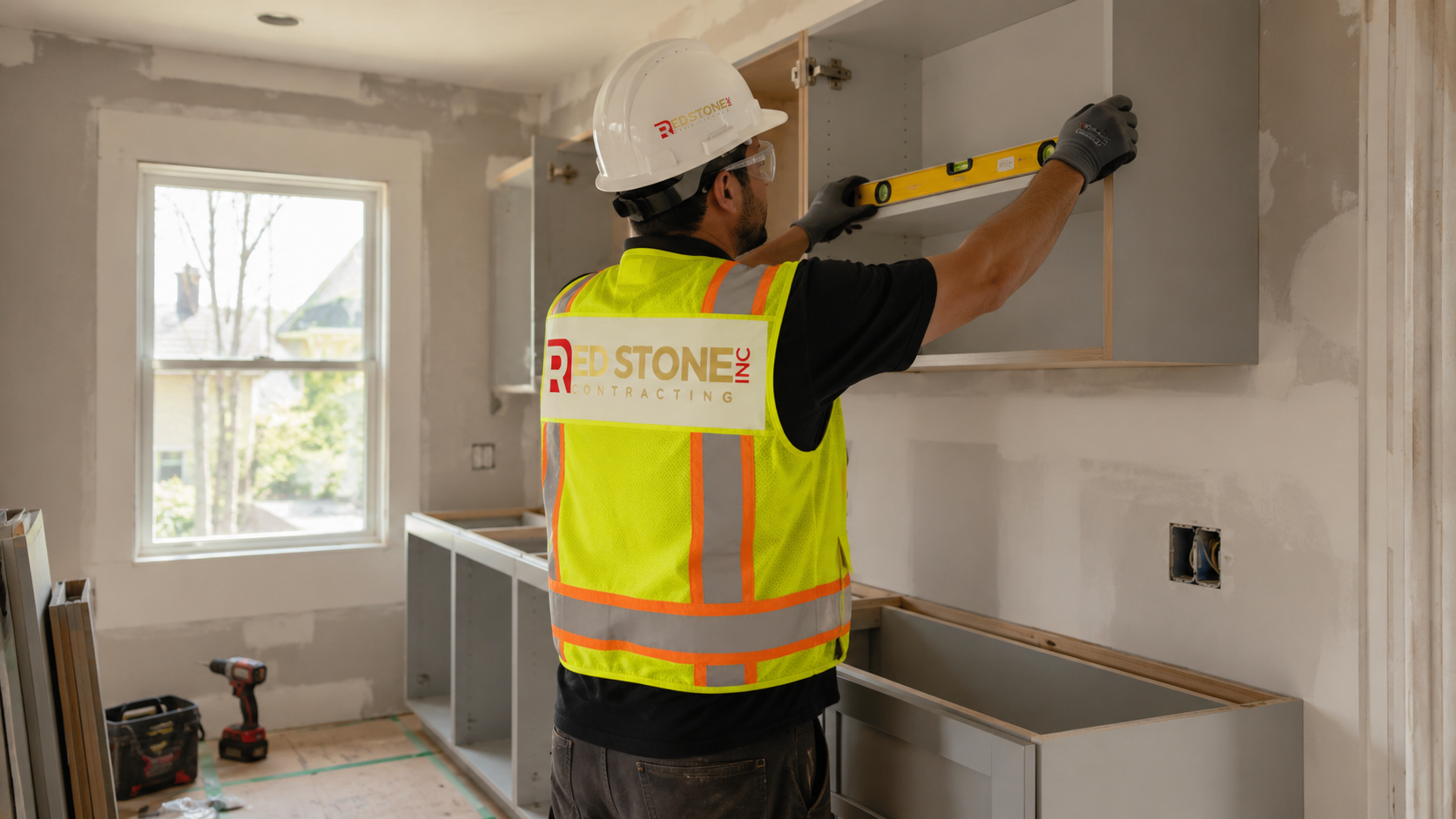 Tradesperson in safety gear installing kitchen cabinetry during a kitchen renovation Etobicoke project