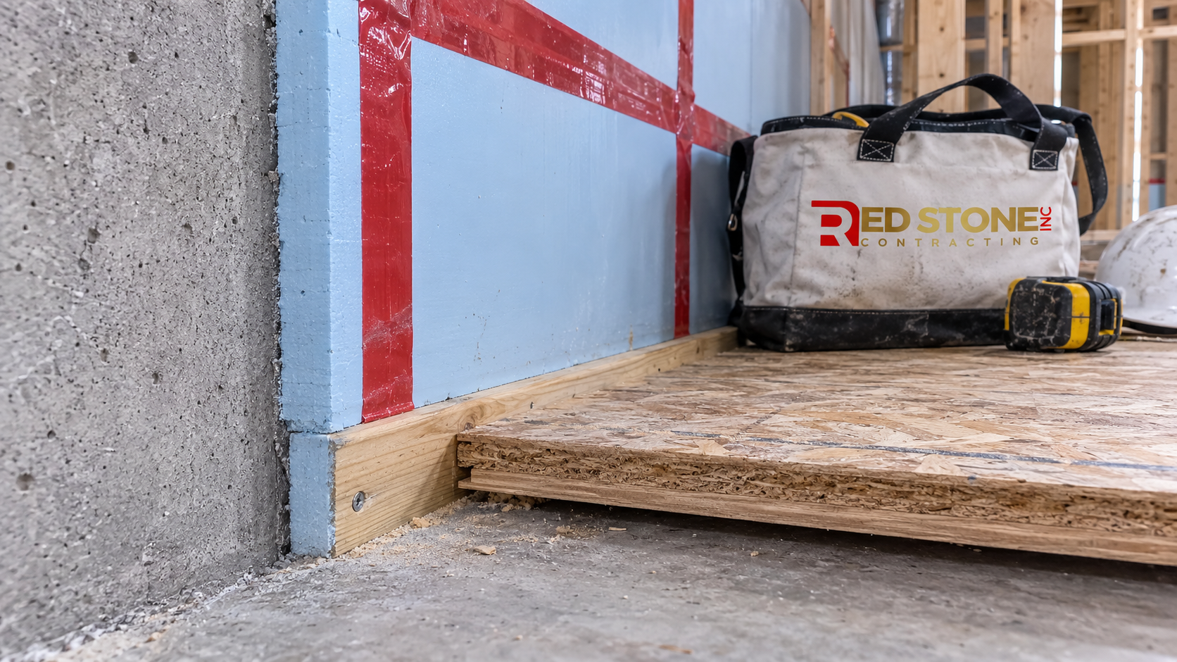 Detail of insulated below grade wall assembly and subfloor from a basement renovation Scarborough project