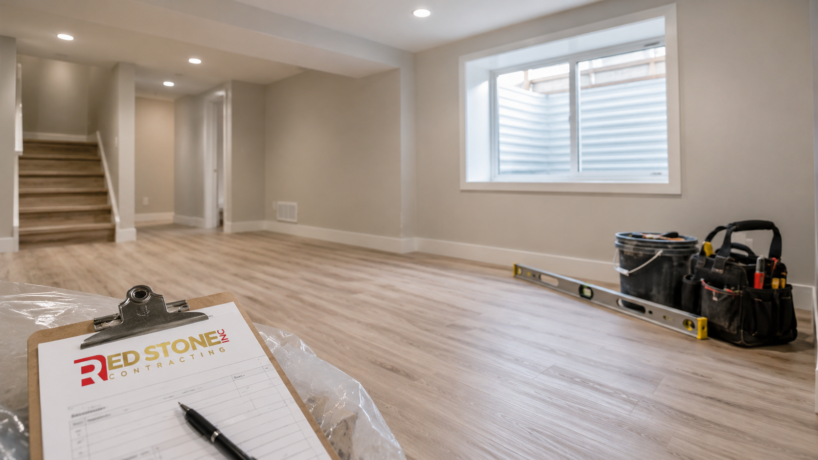 Finished lower level living space with recessed lighting illustrating a completed basement renovation Scarborough project