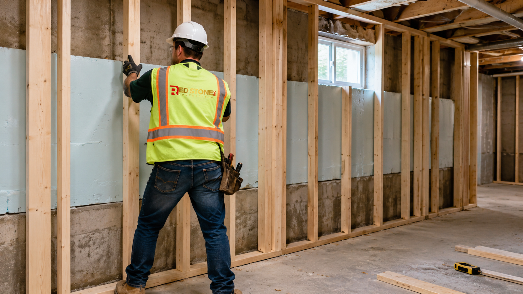 Tradesperson in safety gear framing a lower level wall during a basement renovation Scarborough project