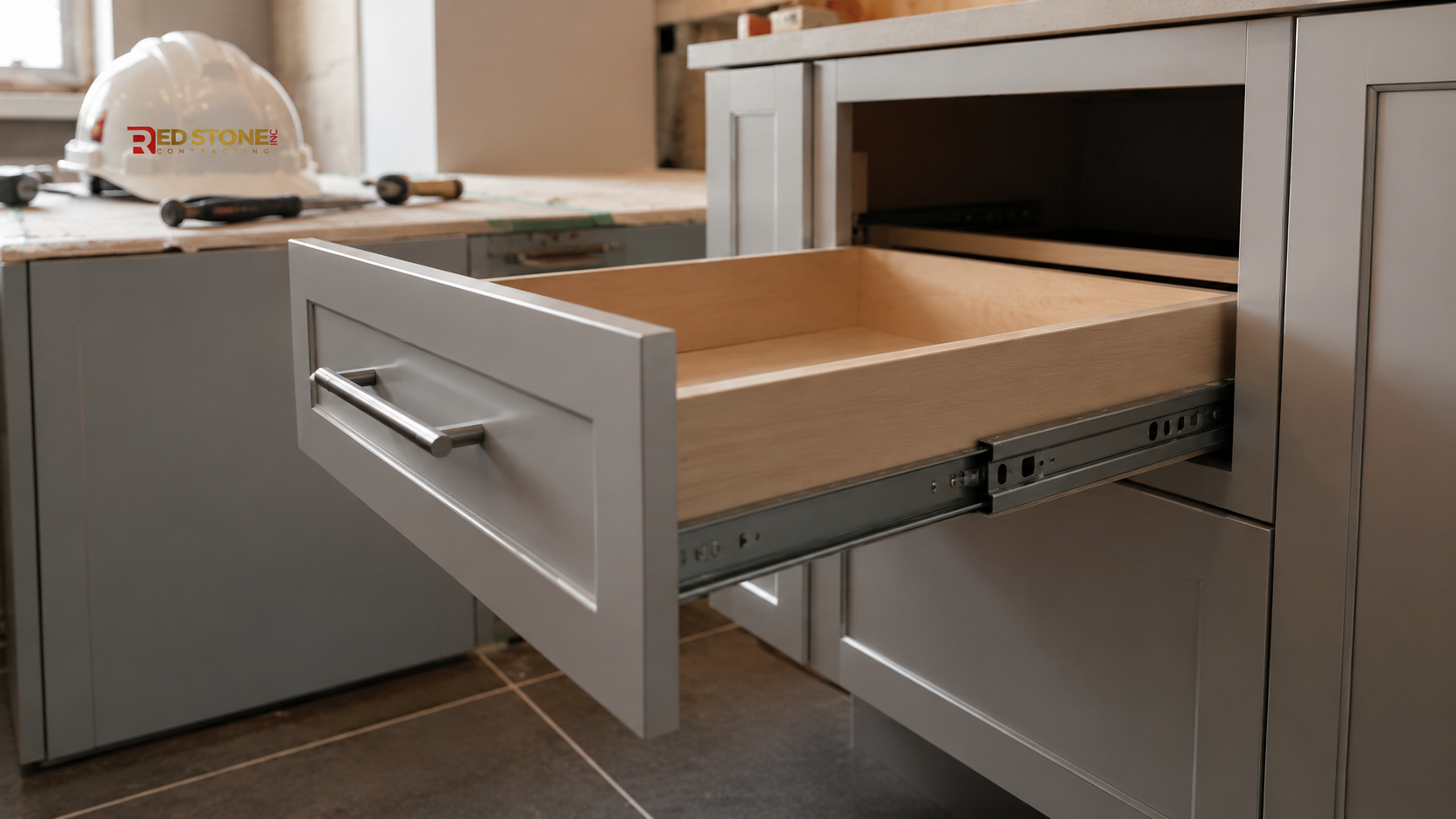 Close detail of deep drawer storage and cabinet hardware from a kitchen renovation Scarborough project