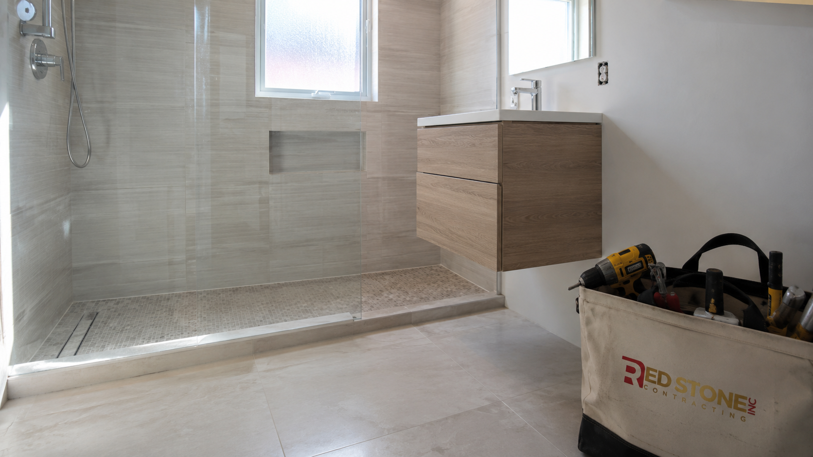 Compact renovated main bathroom with walk in shower demonstrating a completed bathroom renovation Scarborough project