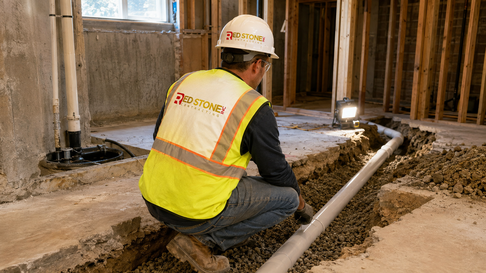 Tradesperson in safety gear setting drainage in a basement slab for a bathroom renovation Scarborough project