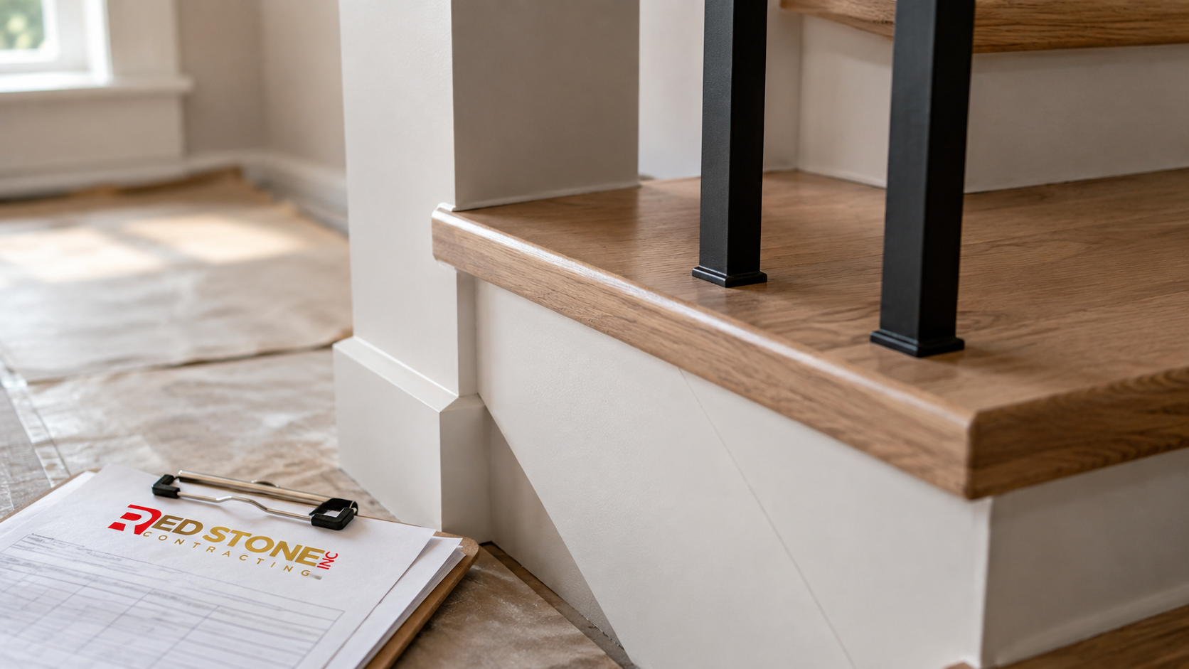 Detail of finished millwork and stair trim from a completed home renovation North York project