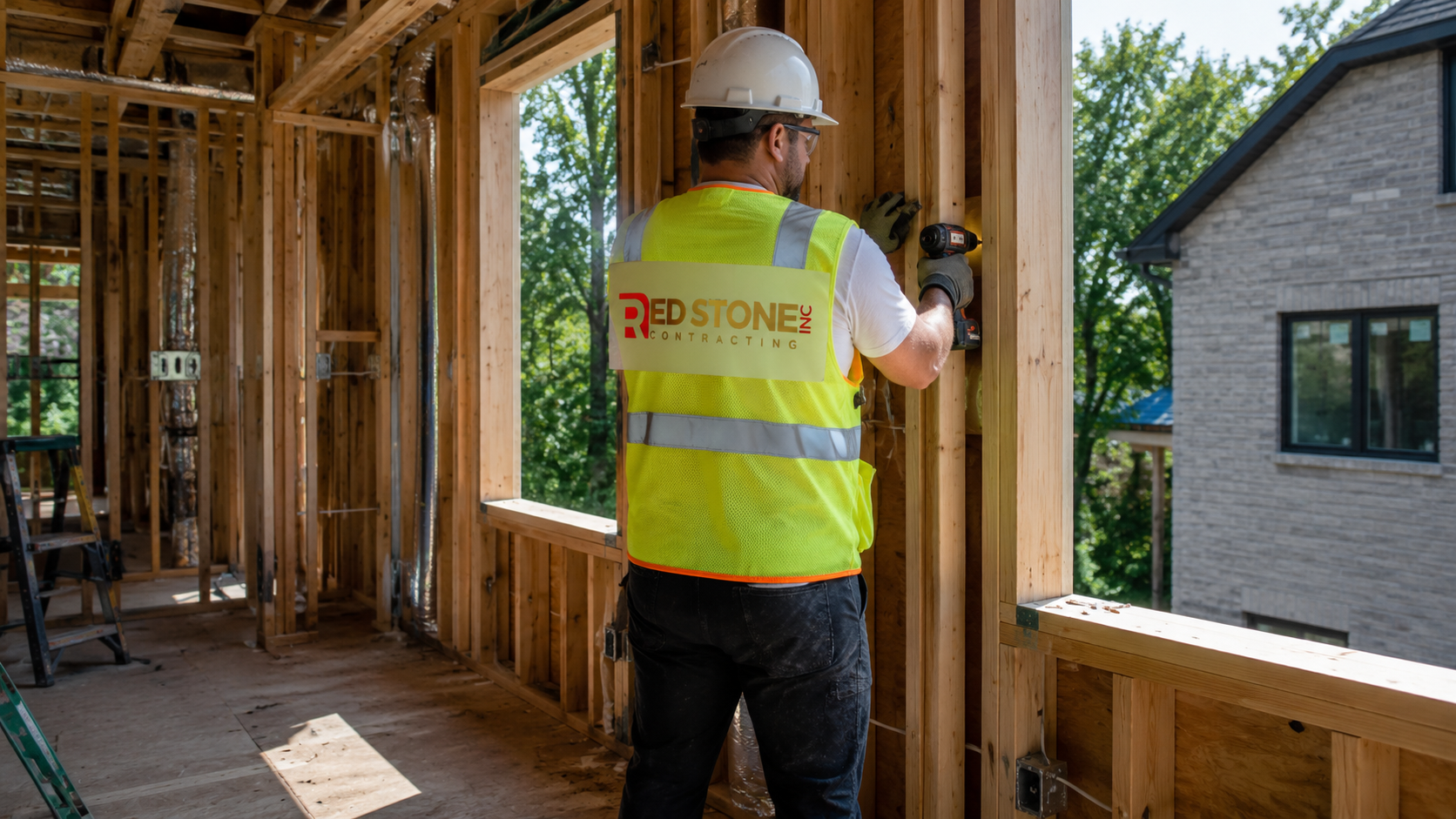 Tradesperson in safety gear working on interior framing during a home renovation North York project