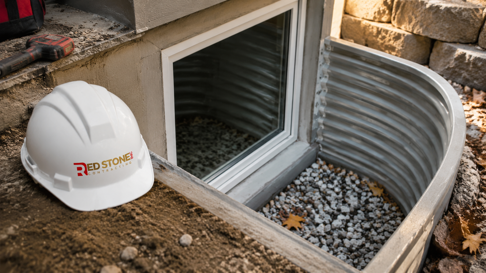 Detail of an egress window well and finished basement wall from a basement renovation North York project