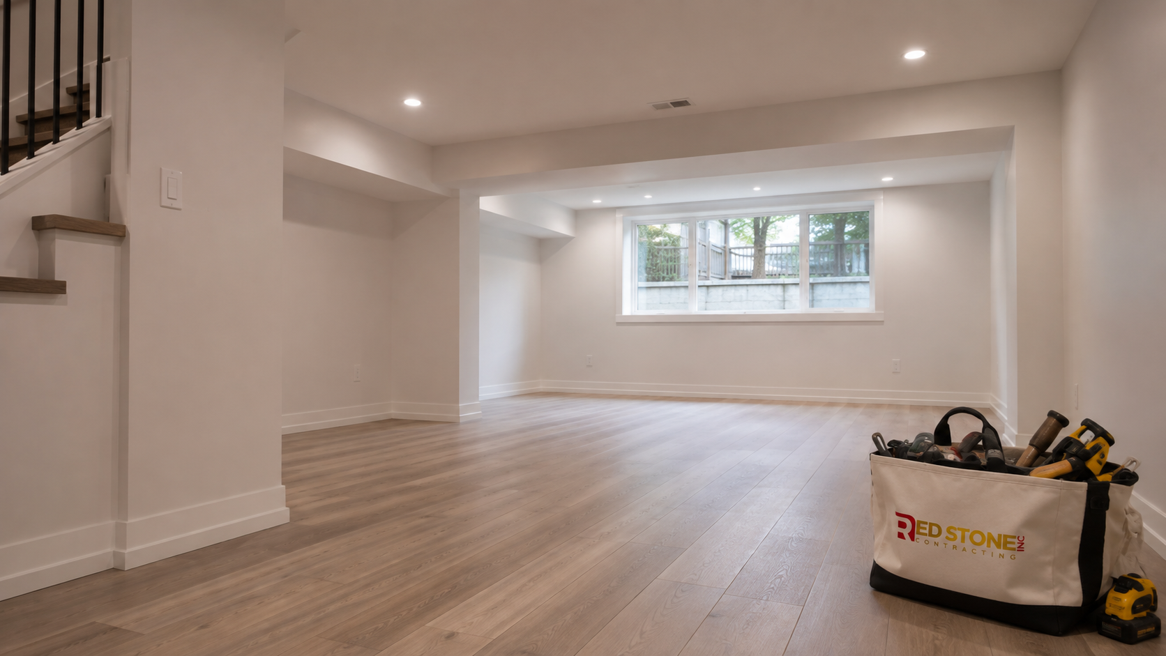 Finished lower level with high ceilings and large windows from a completed basement renovation North York project