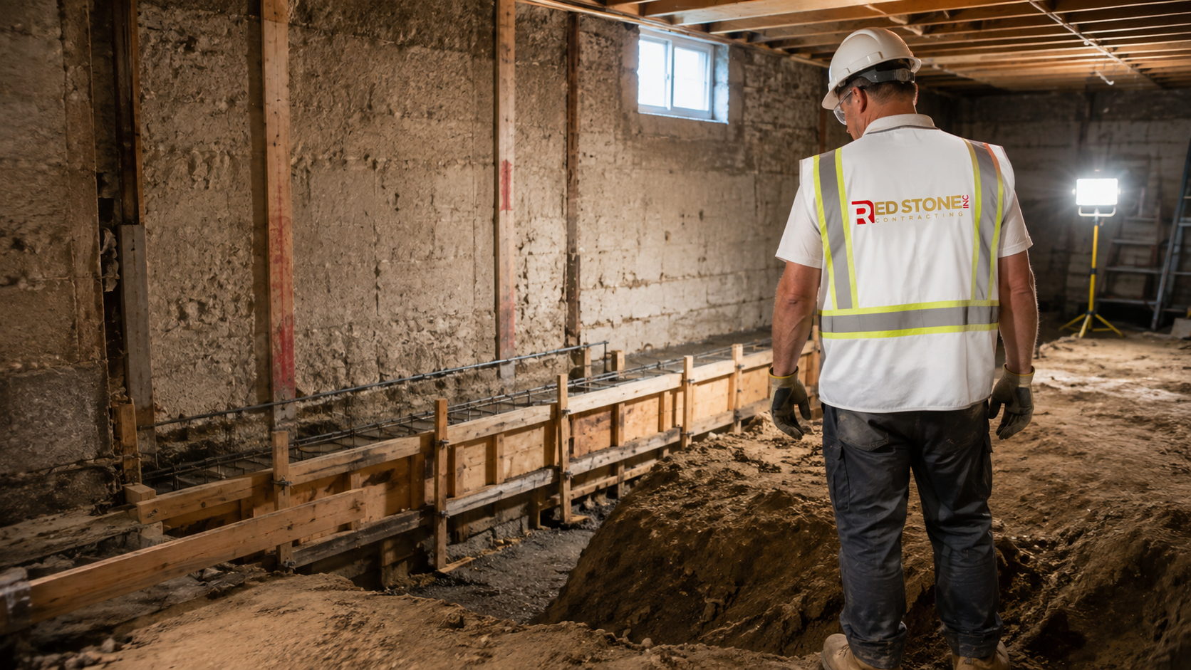 Tradesperson in safety gear working on foundation and slab preparation during a basement renovation North York project